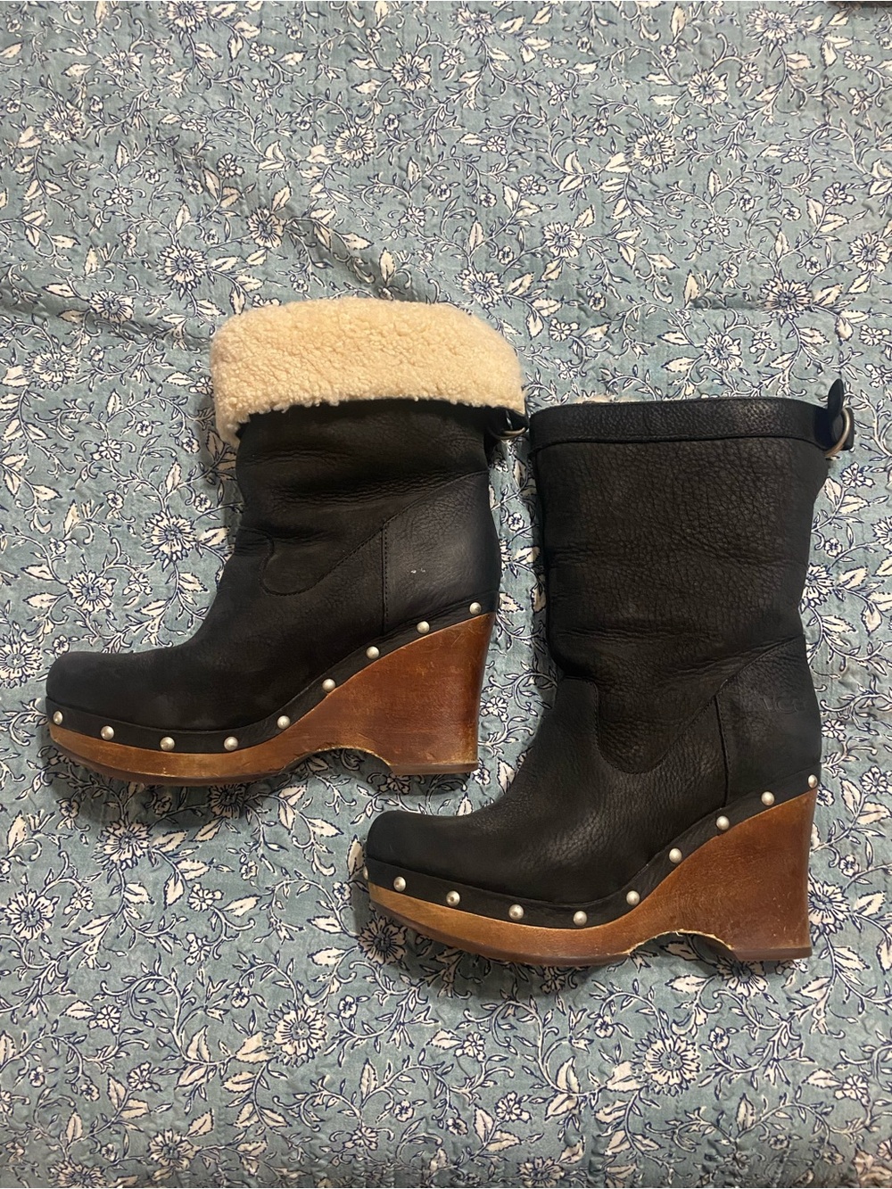 UGG Black Leather Wedge Clogs with Tan Wood Platform and Cream Shearling Cuff
